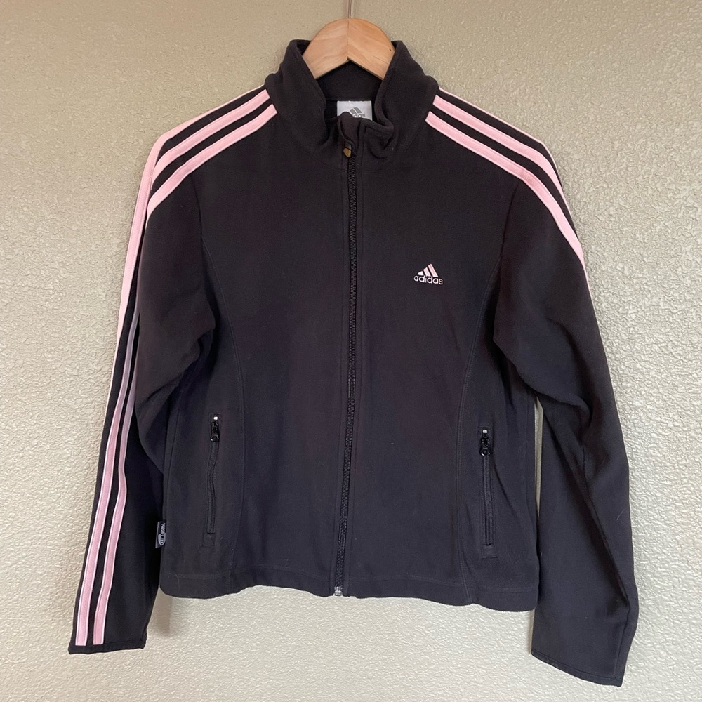 Vintage 90’s Adidas tracksuit. Black with light pink racing stripes.